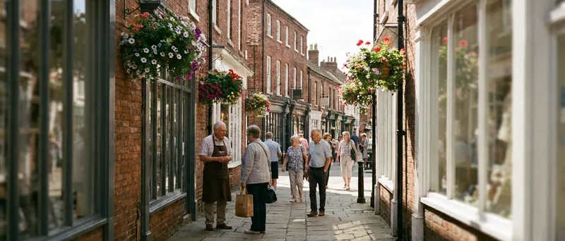 People walking and chatting on a sunny day in a historic brick-built British market town high street with hanging flower baskets.